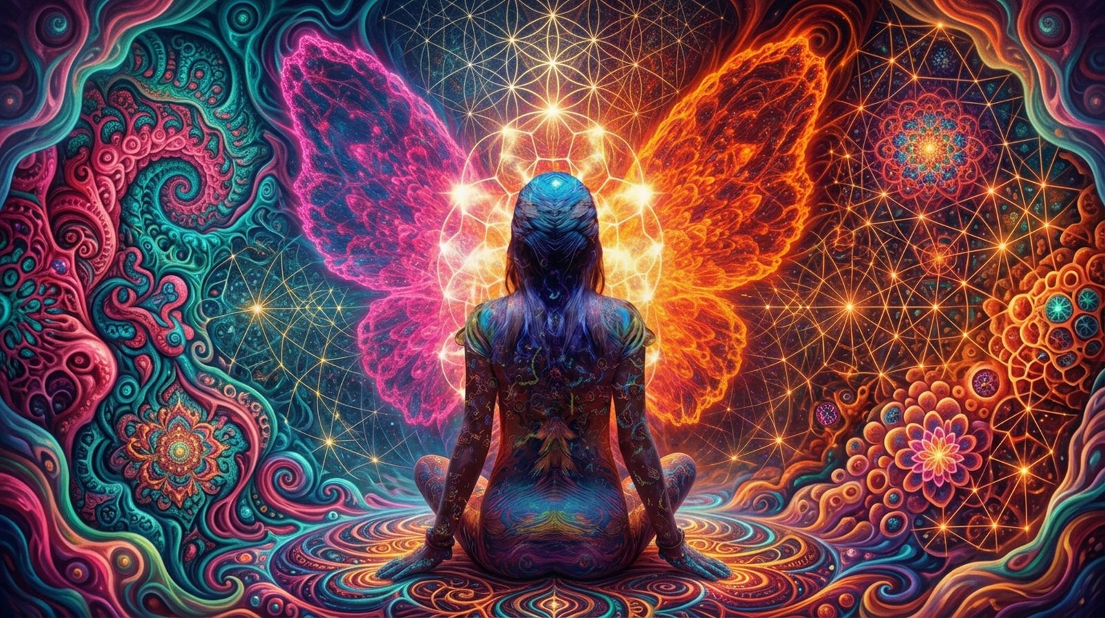 A woman sitting before a vivid psychedelic mandala - psychedelic integration