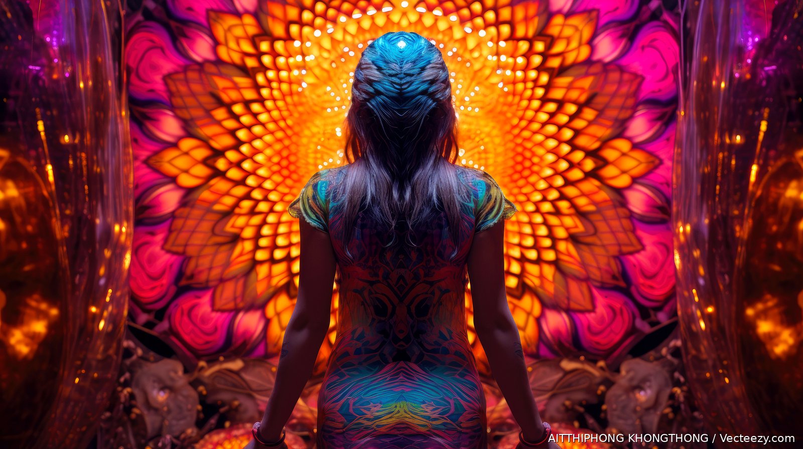A woman sitting before a vivid psychedelic mandala — psychedelic integration